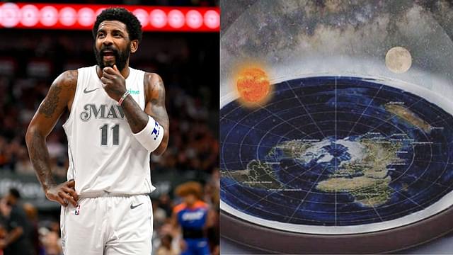 Kyrie Irving (L) and a portrayal of the Flat Earth theory (R)