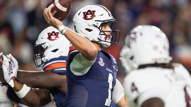 Auburn Tigers quarterback Payton Thorne (1) throws the ball as Auburn Tigers take on Texas A&M Aggies at Jordan-Hare Stadium in Auburn, Ala., on Saturday, Sept. 7, 2024. Auburn Tigers lead Texas A&M Aggies 21-7 at halftime.