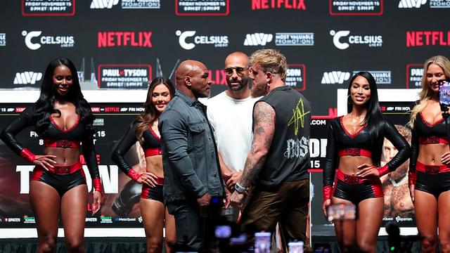 ; Jake Paul (right) faces off with Mike Tyson after their press conference at The Pavilion at Toyota Music Factory.