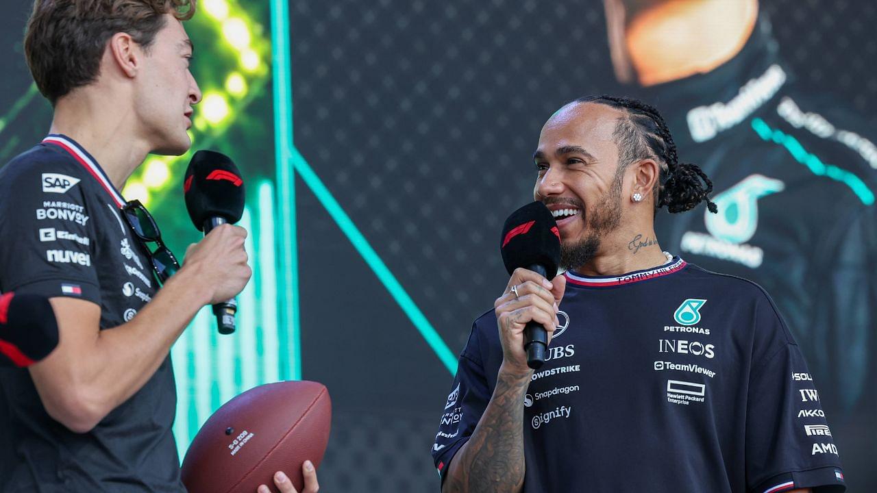 Mercedes AMG Petronas F1 Team driver Lewis Hamilton (44) of the United Kingdom smiles and laughs with Mercedes AMG Petronas F1 Team driver George Russell (63) of the United Kingdom