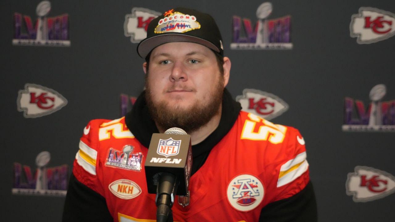 Kansas City Chiefs center Creed Humphrey (52) during a press conference before Super Bowl LVIII at Westin Lake Las Vegas Resort and Spa.