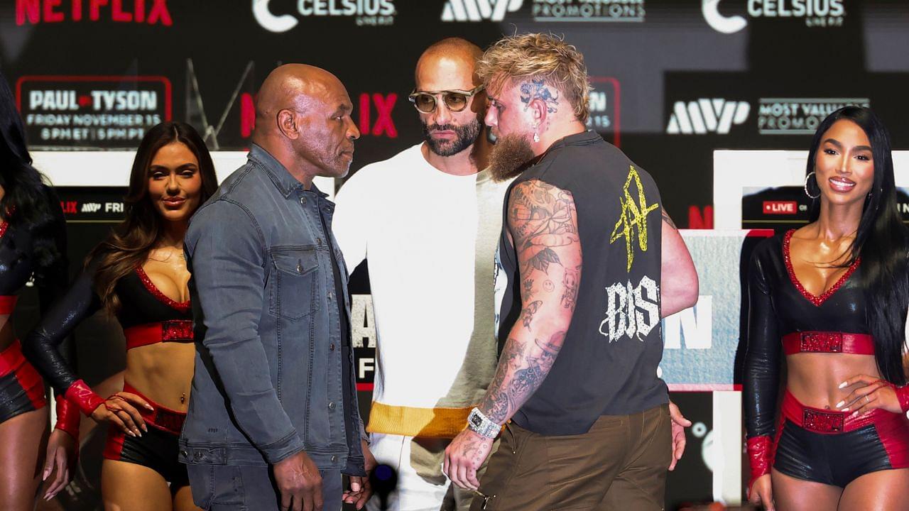 ake Paul (right) faces off with Mike Tyson (left) during a press conference at The Pavilion at Toyota Music Factory.