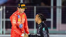 23rd November 2024; Las Vegas, Nevada, USA. F1 Las Vegas Grand Prix; Race Day; Carlos Sainz (55) of Spain and team Scuderia Ferrari and Lewis Hamilton (44) of United Kingdom and team Mercedes-AMG Petronas F1 Team shake hands on the podium after the race