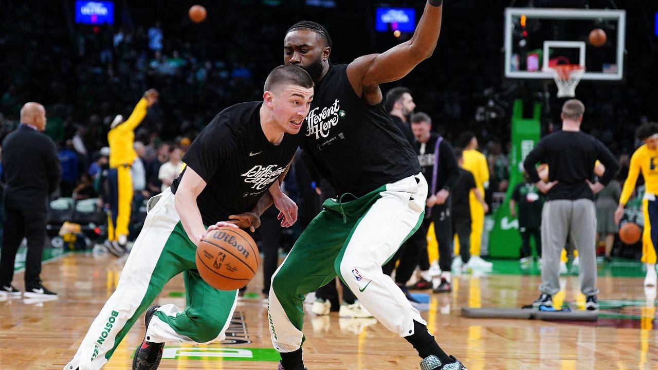 Boston Celtics guard Payton Pritchard (11) and Boston Celtics guard Jaylen Brown (7) practice before the game for game two of the eastern conference finals for the 2024 NBA playoffs at TD Garden.