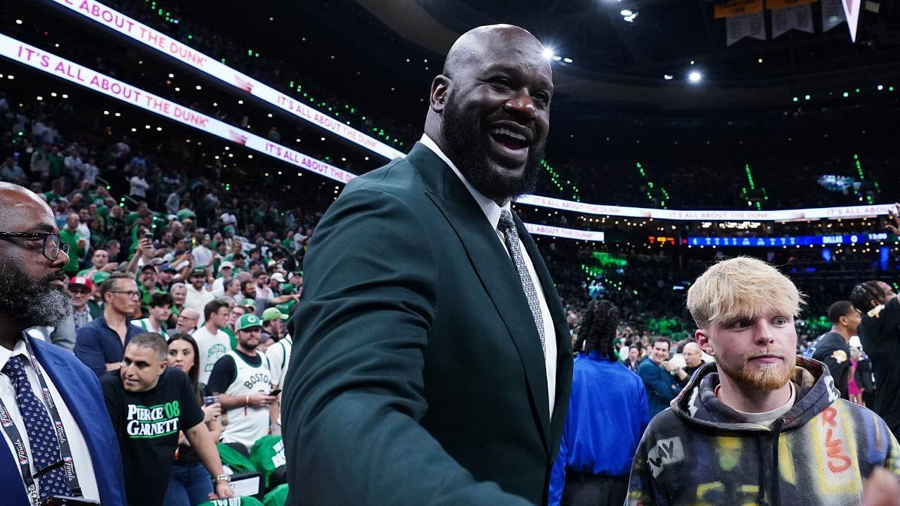 Shaquille O'Neal greets fans before the game between the Boston Celtics and the Dallas Mavericks in game one of the 2024 NBA Finals at TD Garden.