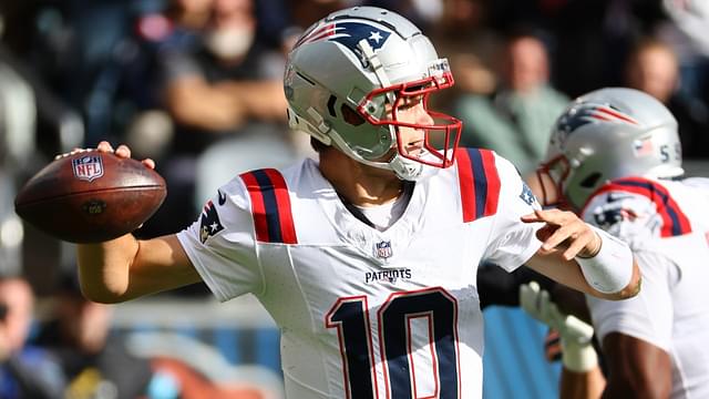 Nov 10, 2024; Chicago, Illinois, USA; New England Patriots quarterback Drake Maye (10) drops back to pass against the Chicago Bears during the first quarter at Soldier Field.