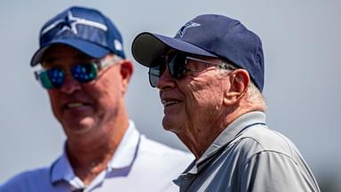 Dallas Cowboys owner Jerry Jones and chief operating officer Stephen Jones (left) during training camp at the Marriott Residence Inn-River Ridge playing fields.