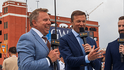 NBC broadcasters Leigh Diffey, Townsend Bell, and James Hinchcliffe talk prior to the Chevrolet Detroit Grand Prix. The NTT IndyCar, Indy Car, IRL, USA Series runs the Chevrolet Grand Prix on the streets of downtown Detroit, Michigan.