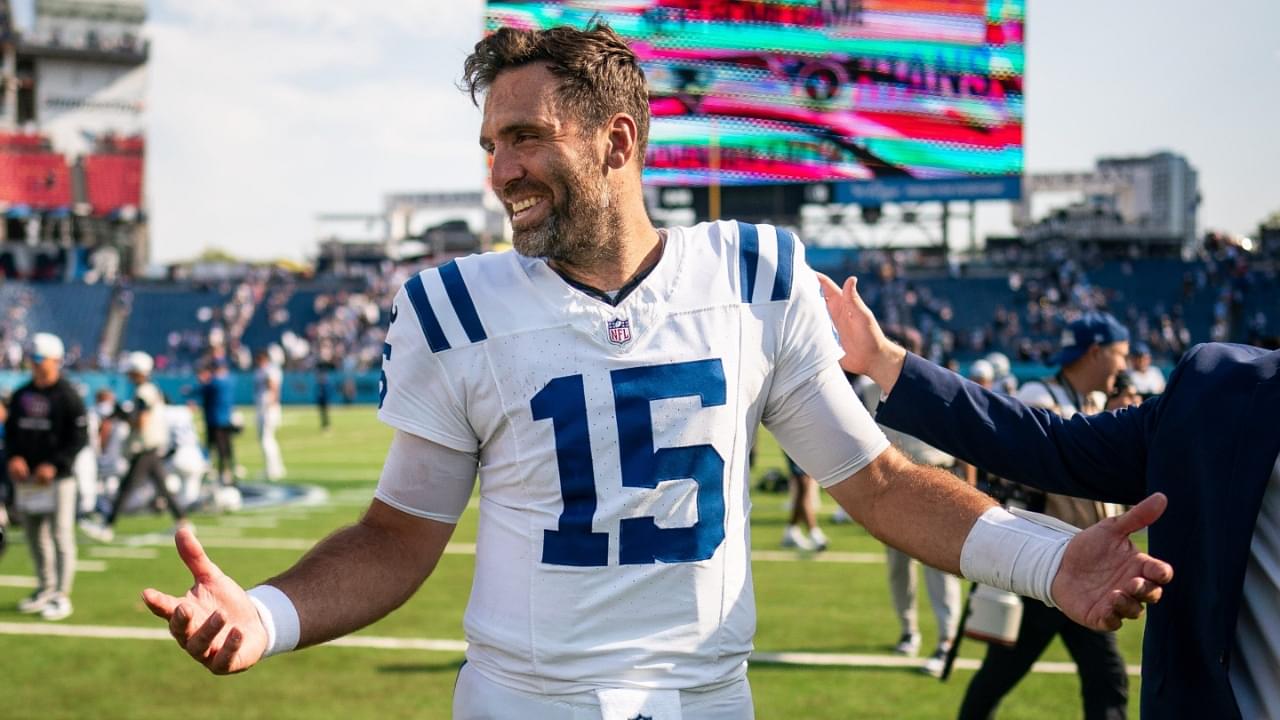 Indianapolis Colts quarterback Joe Flacco (15) reacts after the Colts defeated the Tennessee Titans 20-17 at Nissan Stadium in Nashville, Tenn., Sunday, Oct. 13, 2024.