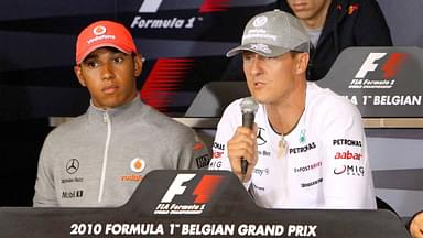 Michael Schumacher and Lewis Hamilton during a press conference