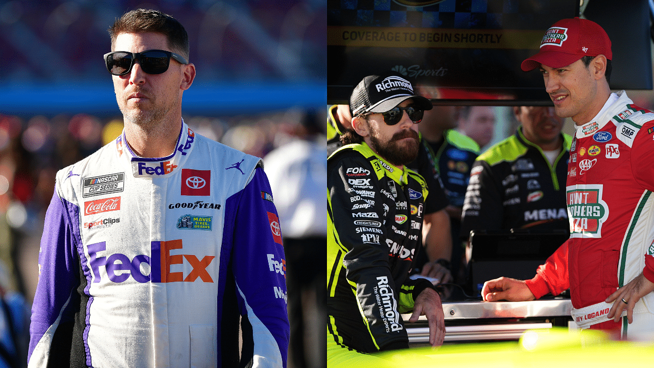 Denny Hamlin (L) and Ryan Blaney and Joey Logano (R)