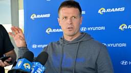 May 28, 2024; Thousand Oaks, CA, USA; Los Angeles Rams defensive coordinator Chris Shula speaks to the media following OTAs at the team training facility at California Lutheran University.