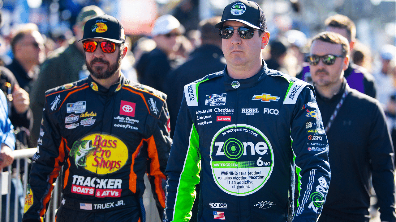 NASCAR Cup Series driver Kyle Busch (right) and Martin Truex Jr during the Daytona 500 at Daytona International Speedway.