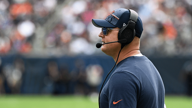 Aug 26, 2023; Chicago, Illinois, USA; Chicago Bears offensive coordinator Luke Getsy looks on during the team s game against the Buffalo Bills at Soldier Field. Mandatory Credit: Matt Marton-Imagn Images