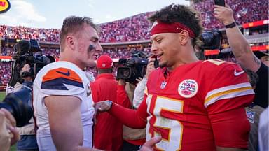 Denver Broncos quarterback Bo Nix (10) talks with Kansas City Chiefs quarterback Patrick Mahomes (15) after the game at GEHA Field at Arrowhead Stadium.