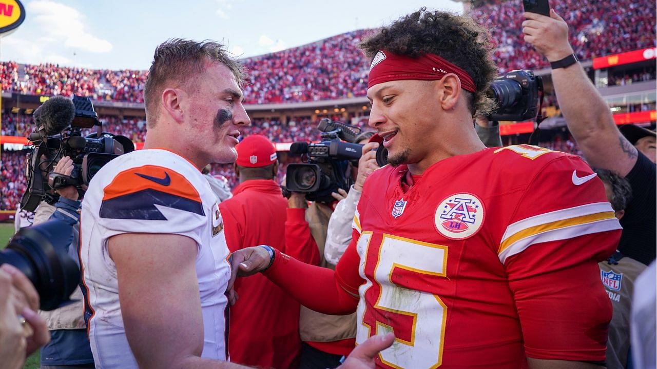 Denver Broncos quarterback Bo Nix (10) talks with Kansas City Chiefs quarterback Patrick Mahomes (15) after the game at GEHA Field at Arrowhead Stadium.