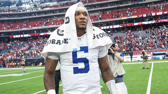 Indianapolis Colts quarterback Anthony Richardson (5) stands on the field after the game against the Houston Texans at NRG Stadium.