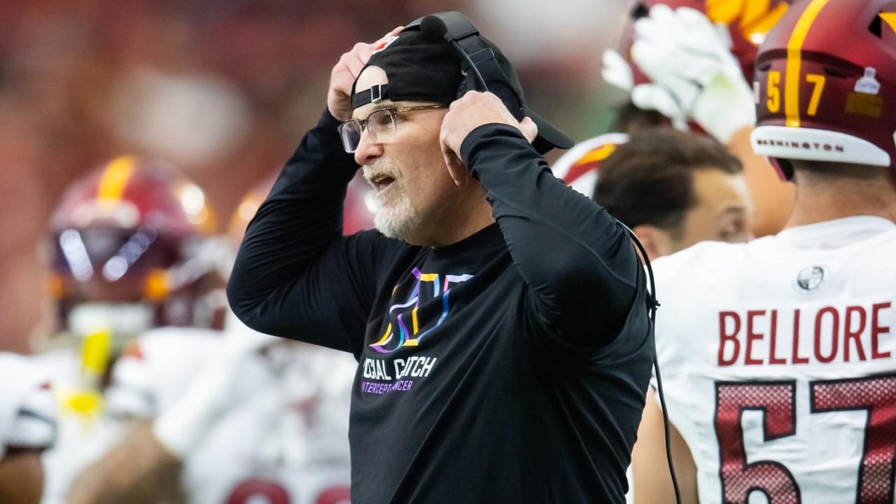 Sep 29, 2024; Glendale, Arizona, USA; Washington Commanders head coach Dan Quinn against the Arizona Cardinals in the second half at State Farm Stadium.