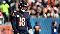 Chicago Bears quarterback Caleb Williams (18) reacts after a pass against the New England Patriots during the second half at Soldier Field.