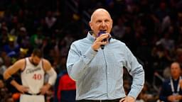 Los Angeles Clippers owner Steve Ballmer speaks to the crowd before the game between the Los Angeles Clippers and the Portland Trail Blazers at Climate Pledge Arena