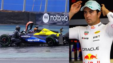 Franco Colapinto's Williams FW46 crash in Brazil (L) and Sergio Perez (R)