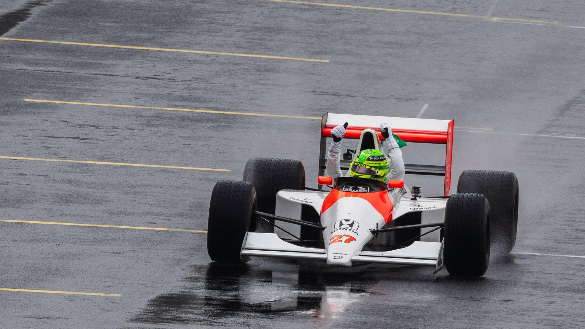 Autodromo Jose Carlos Pace, So Paulo, Brazil. 3.November.2024; Lewis Hamilton of Great Britain and Mercedes-AMG PETRONAS F1 Team drives Ayrton Sennas 1990 Mclaren/Honda car during Formula One Brazil Grand Prix