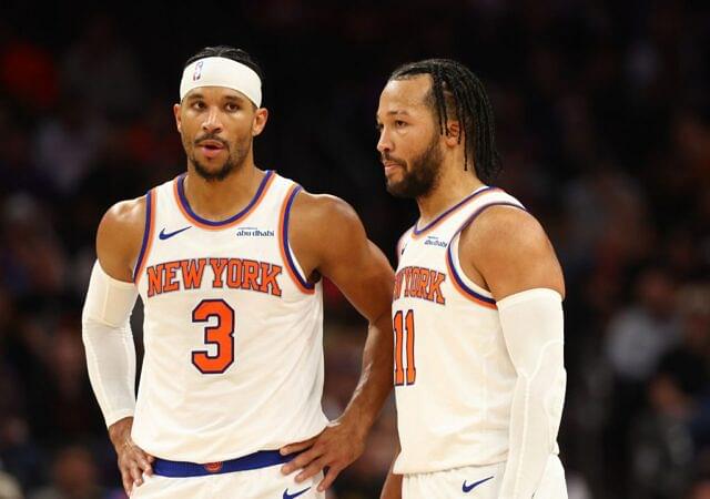 New York Knicks guard Josh Hart (3) and guard Jalen Brunson (11) against the Phoenix Suns at Footprint Center