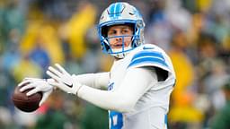 Detroit Lions quarterback Jared Goff (16) throws a pass during warmups prior to the game against the Green Bay Packers at Lambeau Field.