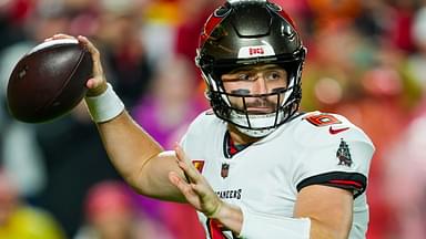 Tampa Bay Buccaneers quarterback Baker Mayfield (6) throws a pass during the first half against the Kansas City Chiefs at GEHA Field at Arrowhead Stadium.