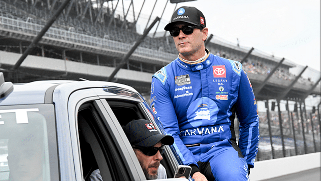 NASCAR Cup Series driver Jimmie Johnson (84) rides around the track during driver introductions ahead of the Brickyard 400, Sunday, July 21, 2024, at Indianapolis Motor Speedway.