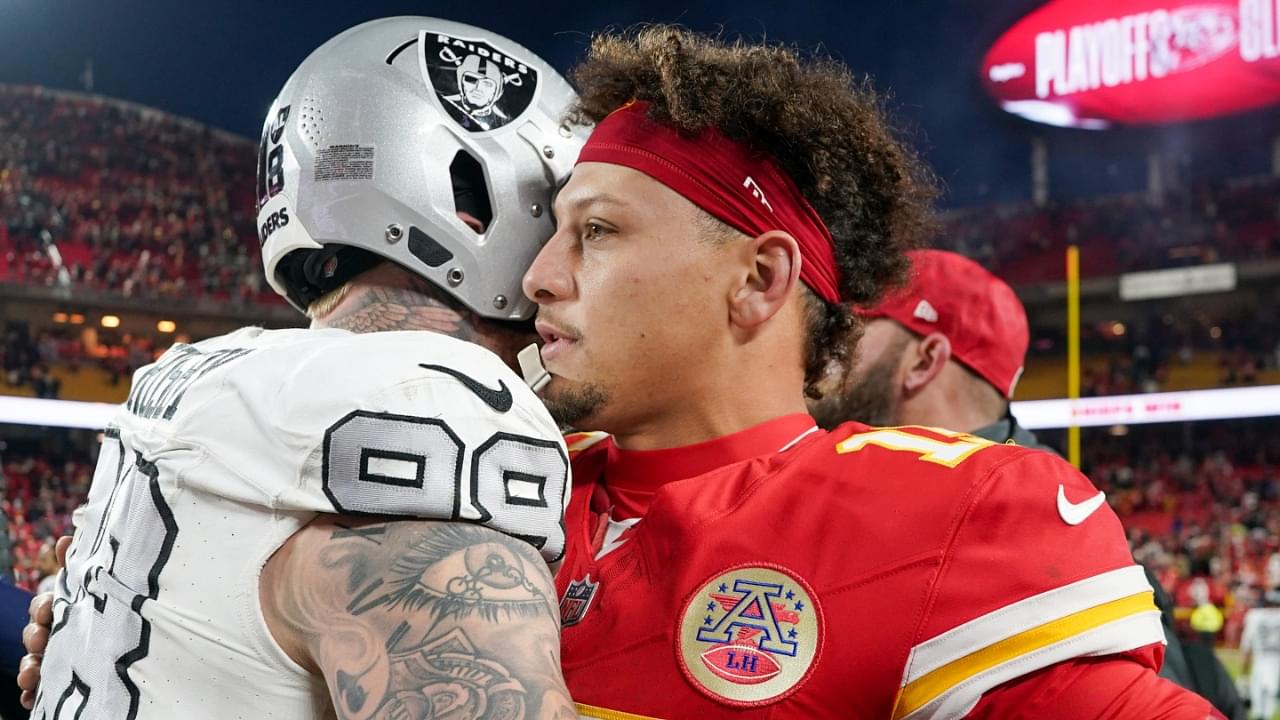 Nov 29, 2024; Kansas City, Missouri, USA; Kansas City Chiefs quarterback Patrick Mahomes (15) greets Las Vegas Raiders defensive end Maxx Crosby (98) after the game at GEHA Field at Arrowhead Stadium.