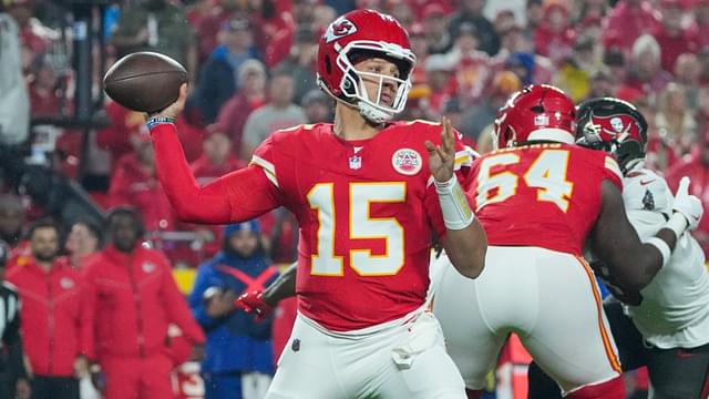 Nov 4, 2024; Kansas City, Missouri, USA; Kansas City Chiefs quarterback Patrick Mahomes (15) throws a pass against the Tampa Bay Buccaneers during the first half at GEHA Field at Arrowhead Stadium.