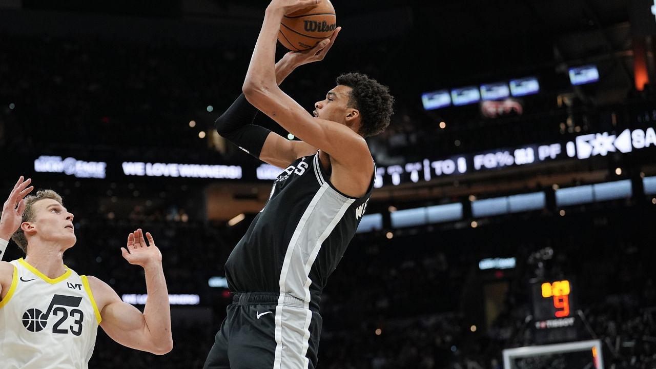 San Antonio Spurs center Victor Wembanyama (1) shoots over Utah Jazz forward Lauri Markkanen (23) in the second half at Frost Bank Center.