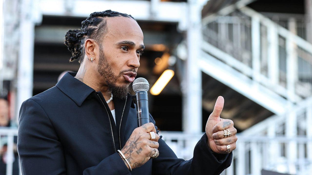 Mercedes AMG Petronas Motorsport driver Lewis Hamilton (44) of Team Great Britain on stage during the Las Vegas GrandPrix Community Day