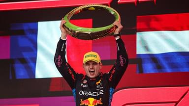 Max Verstappen of Red Bull Racing RB20 celebrates his victory on the podium during the Formula 1 Grand Prix of Brazil