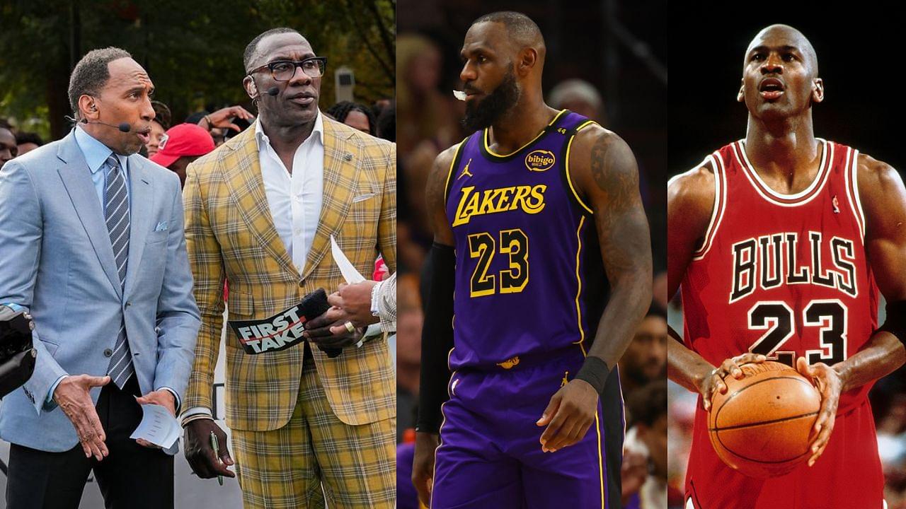 Stephen A. Smith and Shannon Sharpe (L), LeBron James (C), and Michael Jordan (R)