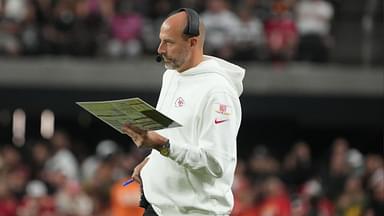 Kansas City Chiefs offensive coordinator Matt Nagy watches from the sidelines against the Las Vegas Raiders in the second half at Allegiant Stadium.