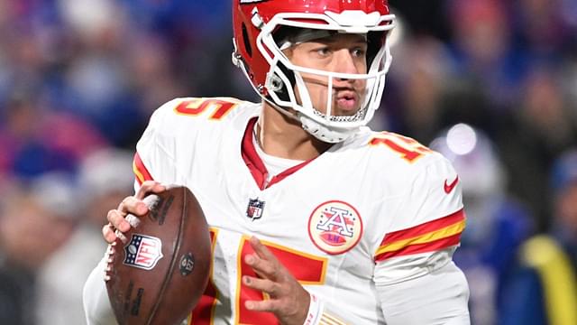 Kansas City Chiefs quarterback Patrick Mahomes (15) looks to pass against the Buffalo Bills in the second quarter at Highmark Stadium.