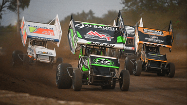 Carson Macedo (41) leads his heat race at the World of Outlaws Larry Hillerud Badger 40 on Friday, July 12, 2024, at the Wilmot Raceway in Wilmot, Wisconsin.