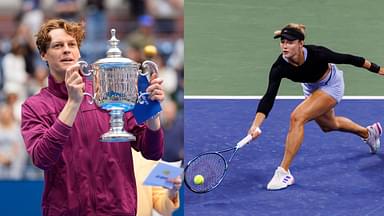 Jannik Sinner (L) lifts the US Open 2024 trophy and Anna Kalinskaya (R) plays a shot at the US Open 2024.