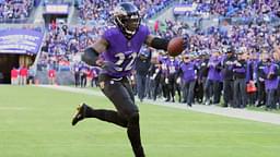 Baltimore Ravens running back Derrick Henry (22) scores a third quarter touchdown against the Denver Broncos at M&T Bank Stadium.