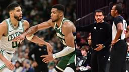 Jayson Tatum and Giannis Antetokounmpo (L) and Joe Mazzulla (R)