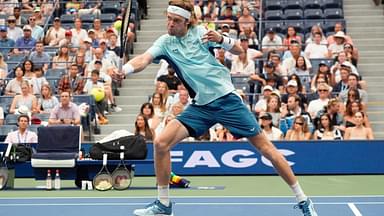 Andrey Rublev plays a shot at the US Open 2024