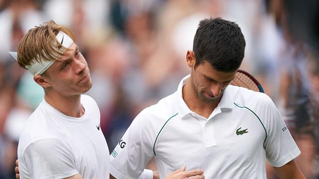 Denis Shapovalov (L) and Novak Djokovic (R) at Wimbledon 2021