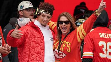 Kansas City Chiefs quarterback Patrick Mahomes (15) celebrates with his mother Randi Martin during the Kansas City Chiefs Super Bowl parade.