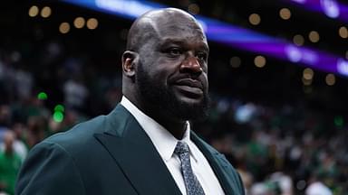 Shaquille O'Neal looks on before the game between the Boston Celtics and the Dallas Mavericks in game one of the 2024 NBA Finals at TD Garden.