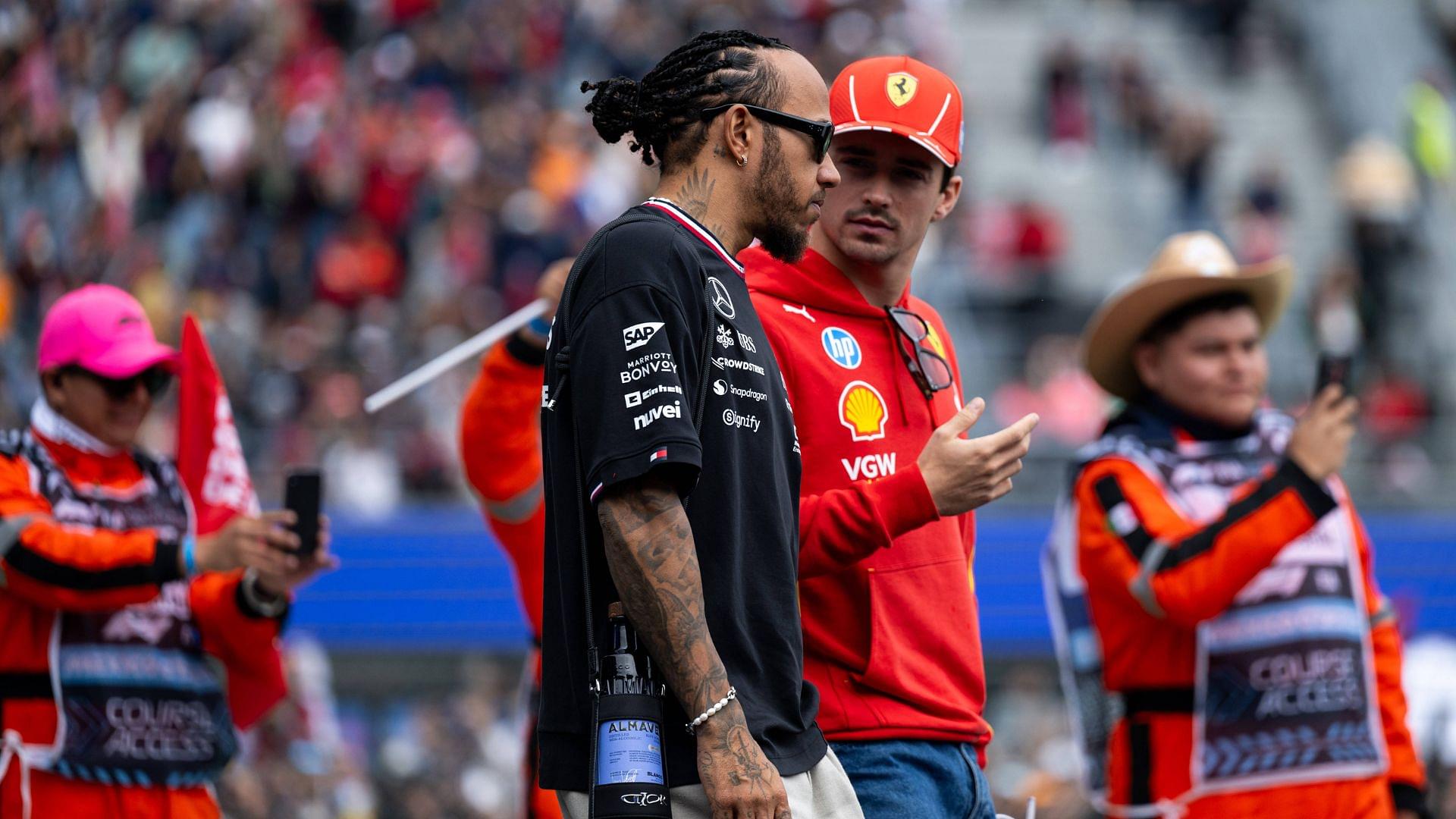 Lewis Hamilton (Mercedes AMG Petronas Formula One Team, Großbritannien, 44), Charles Leclerc (Scuderia Ferrari HP, Monaco, 16) bei der Fahrerparade im Estadio GNP Seguros Foro Sol, MEX, Formel 1 Weltmeisterschaft, Grand Prix von Mexiko City, Autodromo Hermanos Rodriguez, Rennen, 27.10.2024