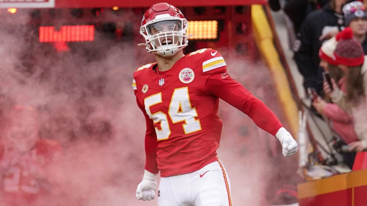 Dec 25, 2023; Kansas City, Missouri, USA; Kansas City Chiefs linebacker Leo Chenal (54) is introduced against the Las Vegas Raiders prior to a game at GEHA Field at Arrowhead Stadium.