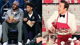 Carmelo and Kiyan Anthony (L) and Jimmy Fallon (R)