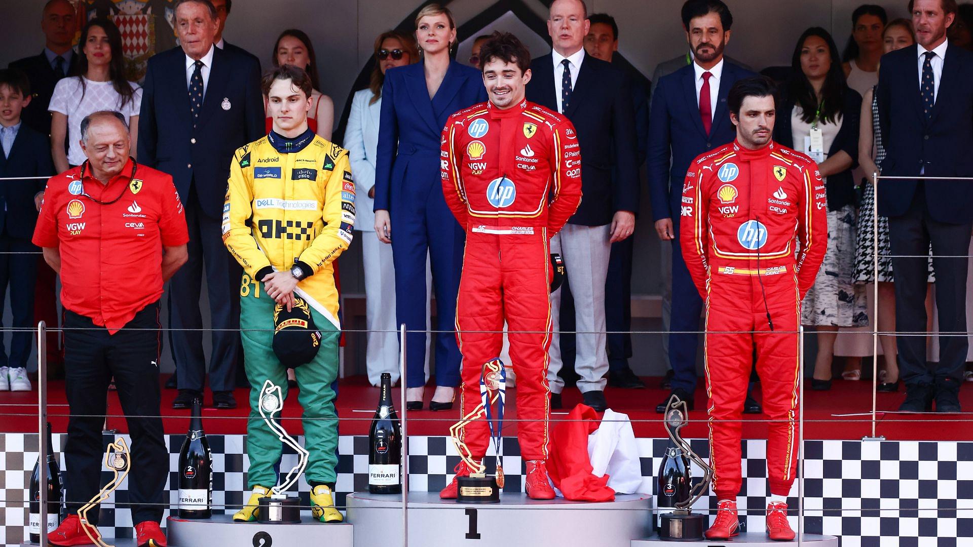 F1 2024 Monaco Grand Prix First Place Charles Leclerc of Monaco and Ferrari, Second Place Oscar Piastri of Australia and McLaren, Third Place Carlos Sainz of Spain and Ferrari, Frederic Vasseur Team Principal of Ferrari